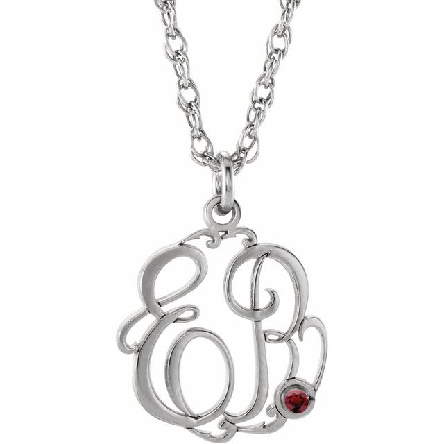 Rhodium-Plated Sterling Silver Imitation Mozambique Garnet 2-Initial Script Monogram Necklace