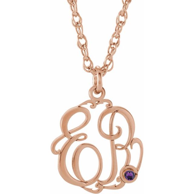 14K Rose Gold-Plated Sterling Silver Imitation Amethyst 2-Initial Script Monogram Necklace