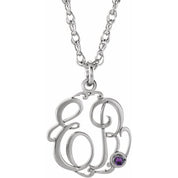 Rhodium-Plated Sterling Silver Imitation Amethyst 2-Initial Script Monogram Necklace