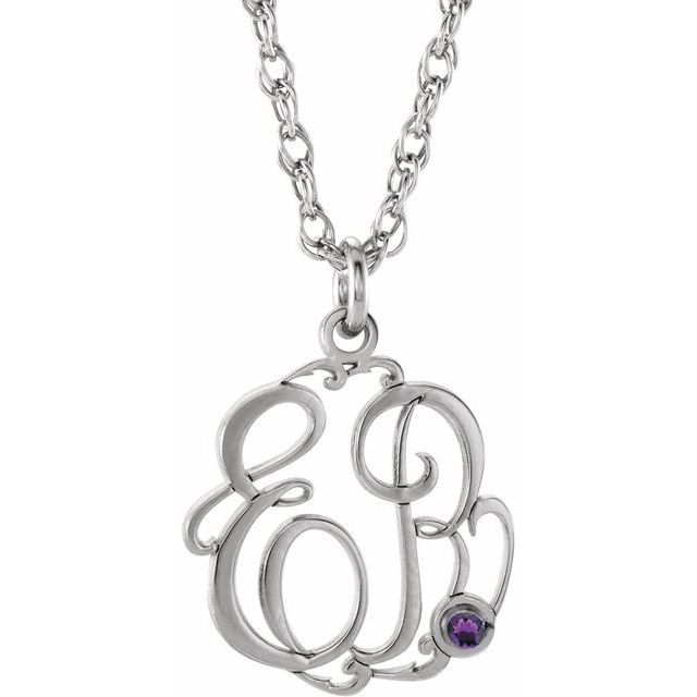 Rhodium-Plated Sterling Silver Imitation Amethyst 2-Initial Script Monogram Necklace
