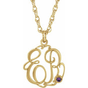 10K Imitation Amethyst Script Monogram Necklace with 2 or 3 Initials in Multiple Sizes