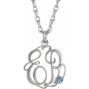 Rhodium-Plated Sterling Silver Imitation Aquamarine 2-Initial Script Monogram Necklace