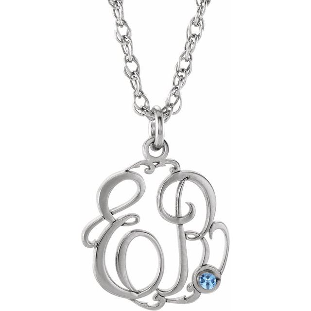 Rhodium-Plated Sterling Silver Imitation Aquamarine 2-Initial Script Monogram Necklace