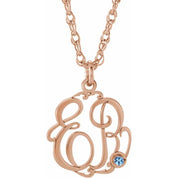 14K Rose Gold-Plated Sterling Silver Imitation Aquamarine 2-Initial Script Monogram Necklace