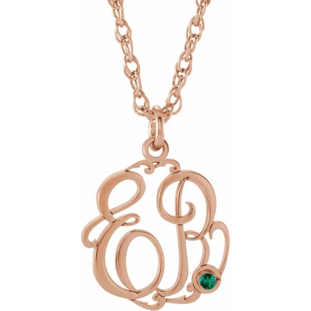 14K Rose Gold-Plated Sterling Silver Imitation Emerald 2-Initial Script Monogram Necklace