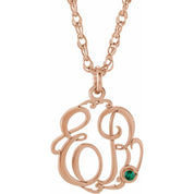 14K Rose Imitation Emerald 2-Initial Script Monogram Necklace