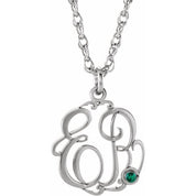 Rhodium-Plated Sterling Silver Imitation Emerald 2-Initial Script Monogram Necklace