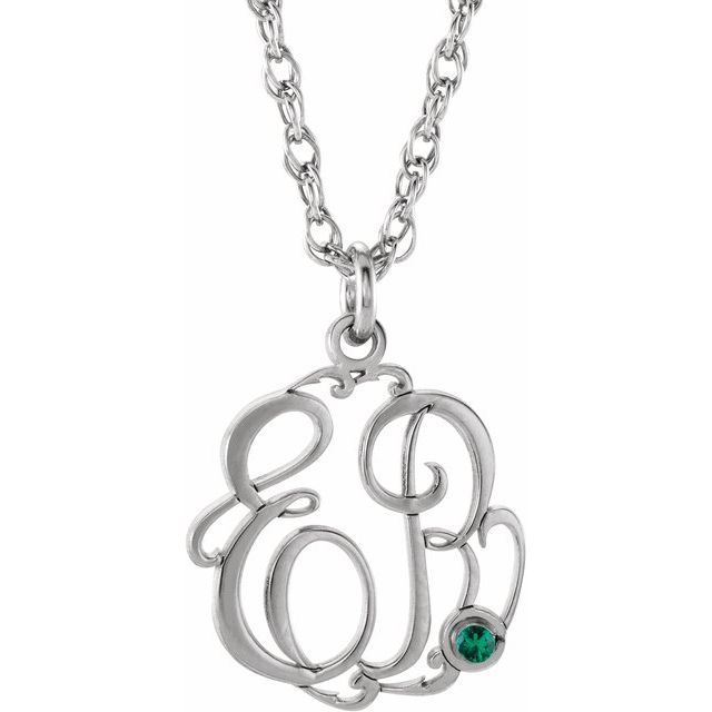 Rhodium-Plated Sterling Silver Imitation Emerald 2-Initial Script Monogram Necklace