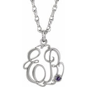 Rhodium-Plated Sterling Silver Imitation Alexandrite 2-Initial Script Monogram Necklace