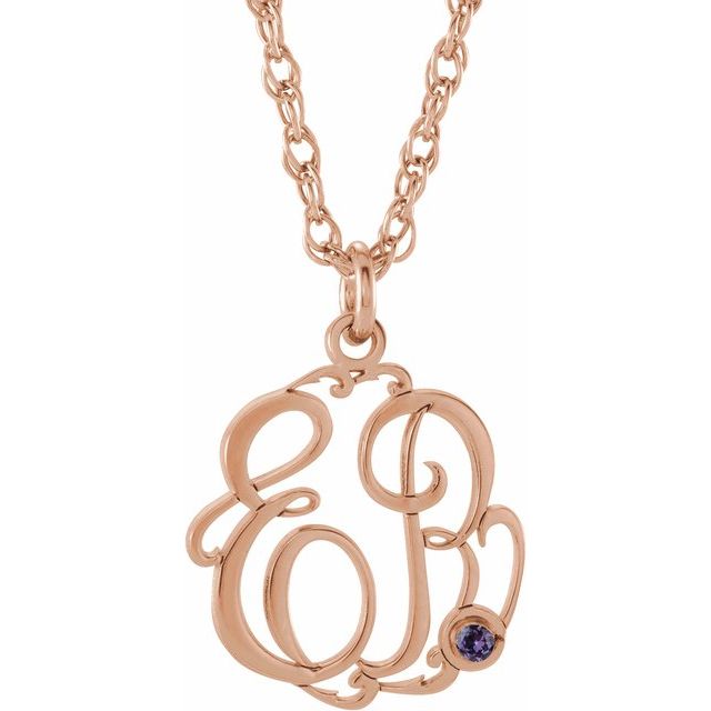 14K Rose Gold-Plated Sterling Silver Imitation Alexandrite 2-Initial Script Monogram Necklace