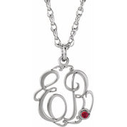 Rhodium-Plated Sterling Silver Imitation Ruby 2-Initial Script Monogram Necklace