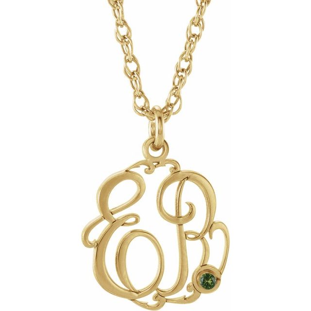 10K Imitation Peridot Script Monogram Necklace with 2 or 3 Initials in Various Sizes