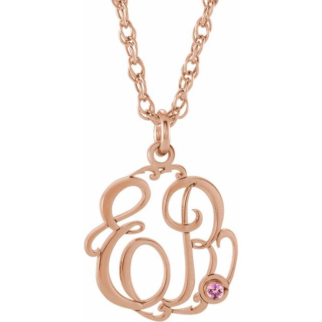 14K Rose Gold-Plated Sterling Silver Imitation Pink Tourmaline 2-Initial Script Monogram Necklace