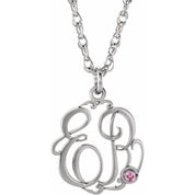 Rhodium-Plated Sterling Silver Imitation Pink Tourmaline 2-Initial Script Monogram Necklace
