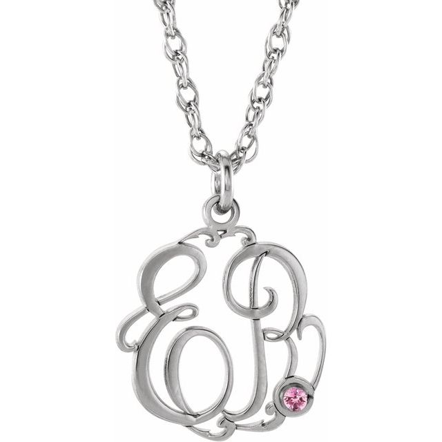 Rhodium-Plated Sterling Silver Imitation Pink Tourmaline 2-Initial Script Monogram Necklace