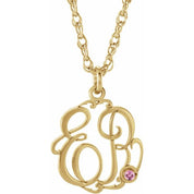10K Yellow and White Imitation Pink Tourmaline Script Monogram Necklace with 2 or 3 Initials