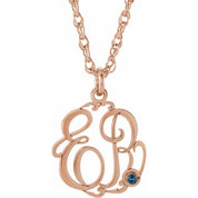 14K Rose Imitation Blue Zircon 2-Initial Script Monogram Necklace