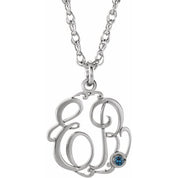 Rhodium-Plated Sterling Silver Imitation Blue Zircon 2-Initial Script Monogram Necklace