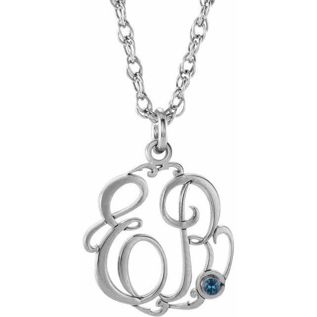 Rhodium-Plated Sterling Silver Imitation Blue Zircon 2-Initial Script Monogram Necklace