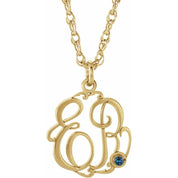 10K Imitation Blue Zircon Script Monogram Necklace with 2 or 3 Initials, 15 mm