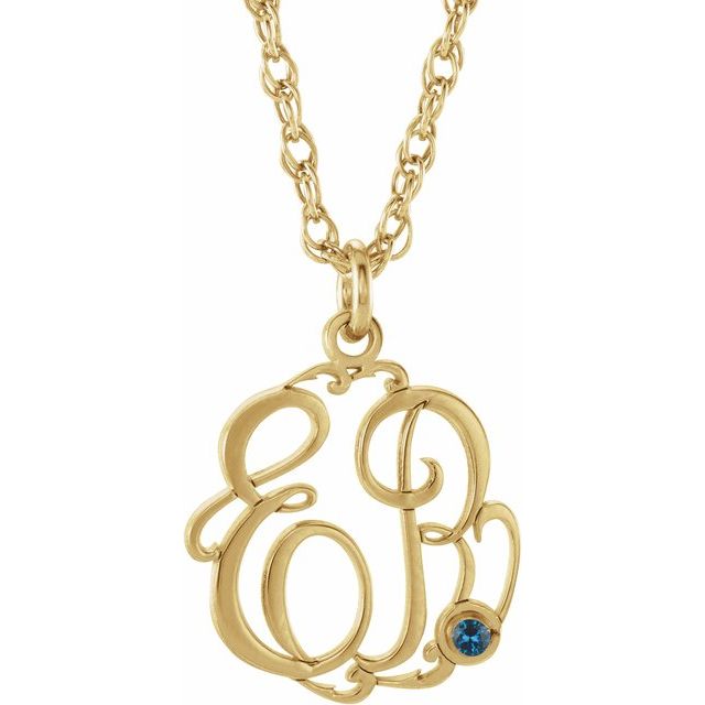 10K Imitation Blue Zircon Script Monogram Necklace with 2 or 3 Initials, 15 mm