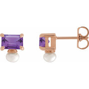 14K Rose Natural Amethyst & Cultured White Freshwater Pearl Earrings