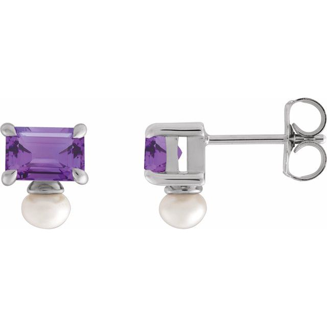 Sterling Silver Natural Amethyst & Cultured White Freshwater Pearl Earrings