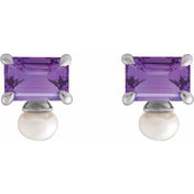 Sterling Silver Natural Amethyst & Cultured White Freshwater Pearl Earrings