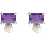 Sterling Silver Natural Amethyst & Cultured White Freshwater Pearl Earrings