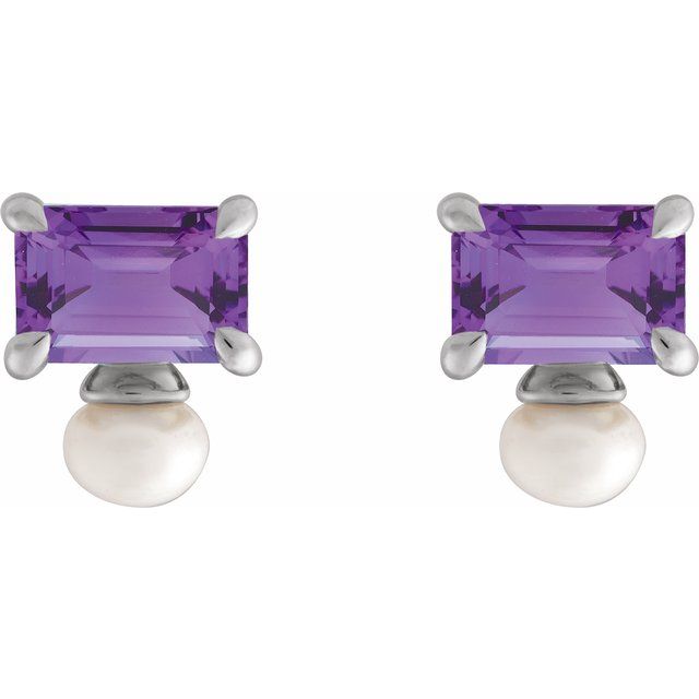 Sterling Silver Natural Amethyst & Cultured White Freshwater Pearl Earrings