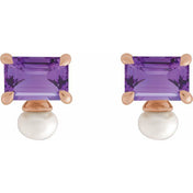 14K Rose Natural Amethyst & Cultured White Freshwater Pearl Earrings