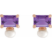 14K Rose Natural Amethyst & Cultured White Freshwater Pearl Earrings
