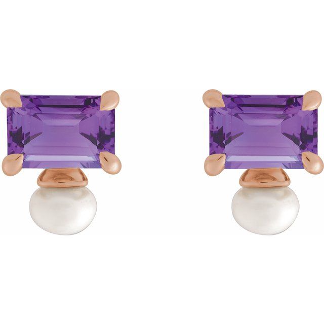 14K Rose Natural Amethyst & Cultured White Freshwater Pearl Earrings