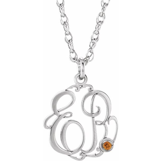 Rhodium-Plated Sterling Silver Imitation Citrine 2-Initial Script Monogram Necklace