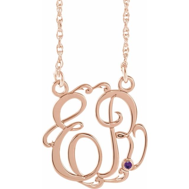 14K Rose Gold-Plated Sterling Silver 20 mm 2-Initial Imitation Amethyst Script Monogram Necklace