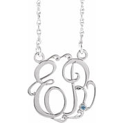 Rhodium-Plated Sterling Silver 25 mm 2-Initial Imitation Aquamarine Script Monogram Necklace
