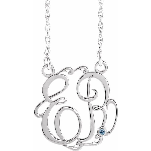 Rhodium-Plated Sterling Silver 25 mm 2-Initial Imitation Aquamarine Script Monogram Necklace