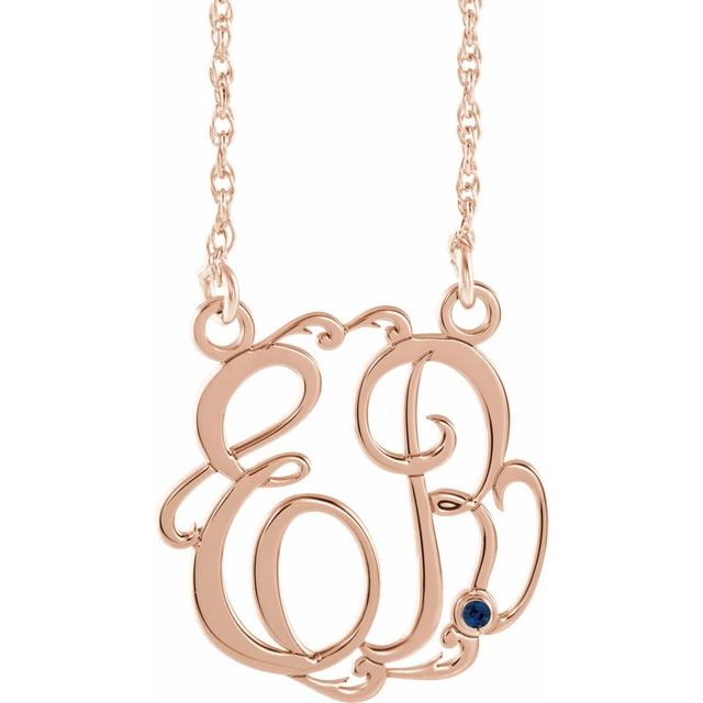14K Rose Gold-Plated Sterling Silver 20 mm 2-Initial Imitation Blue Sapphire Script Monogram Necklace