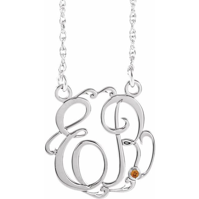 Rhodium-Plated Sterling Silver 20 mm 2-Initial Imitation Citrine Script Monogram Necklace