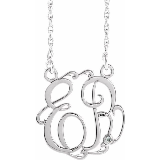 Rhodium-Plated Sterling Silver 20 mm 2-Initial .02 CT Natural Diamond Script Monogram Necklace