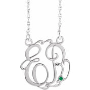 Rhodium-Plated Sterling Silver 20 mm 2-Initial Imitation Emerald Script Monogram Necklace