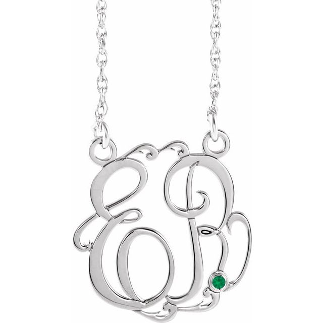 Rhodium-Plated Sterling Silver 20 mm 2-Initial Imitation Emerald Script Monogram Necklace