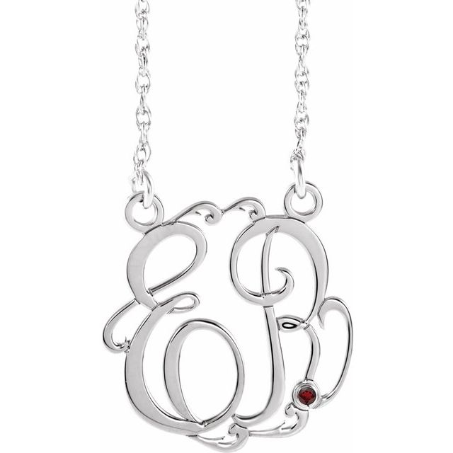 Rhodium-Plated Sterling Silver 25 mm 2-Initial Imitation Garnet Script Monogram Necklace