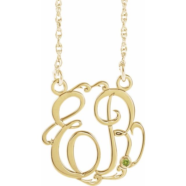 10K Imitation Peridot Script Monogram Necklace with 2 or 3 Initials in Various Sizes