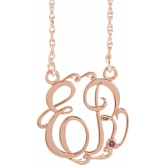 14K Rose 20 mm 2-Initial Imitation Pink Tourmaline Script Monogram Necklace