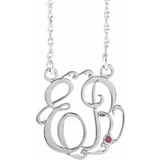 Rhodium-Plated Sterling Silver 20 mm 2-Initial Imitation Pink Tourmaline Script Monogram Necklace