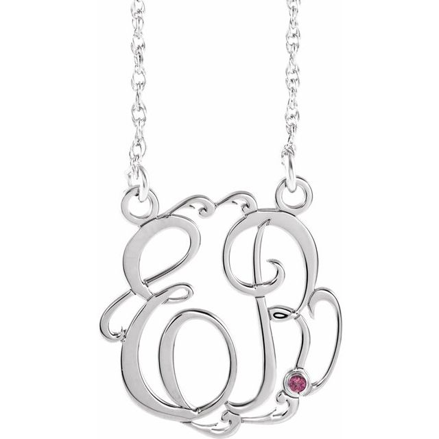 Rhodium-Plated Sterling Silver 20 mm 2-Initial Imitation Pink Tourmaline Script Monogram Necklace