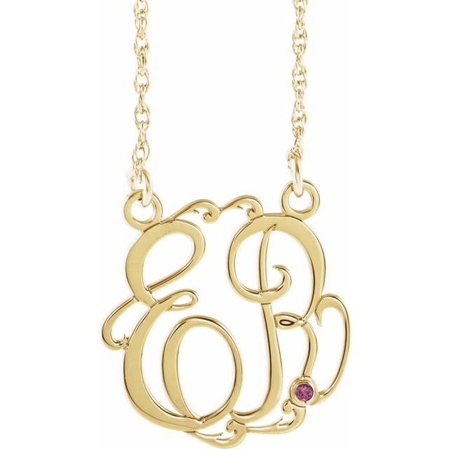 10K Yellow and White Imitation Pink Tourmaline Script Monogram Necklace with 2 or 3 Initials