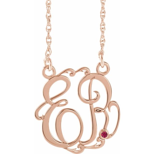 14K Rose 20 mm 2-Initial Imitation Ruby Script Monogram Necklace