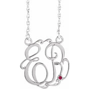 Rhodium-Plated Sterling Silver 20 mm 2-Initial Imitation Ruby Script Monogram Necklace